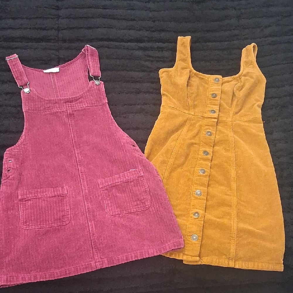 Corduroy Pinafore Dress Duo in Pink and Mustard